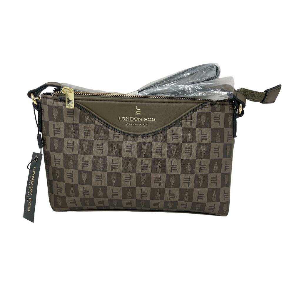 London Fog Addison Tower Signature Print‎ Crossbody Bag Olive Green Purse NWT